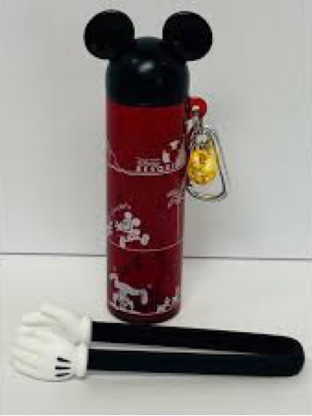 Disney Red and Black Mickey Mouse bottle with Glove Tongs. Intended for popcorn.